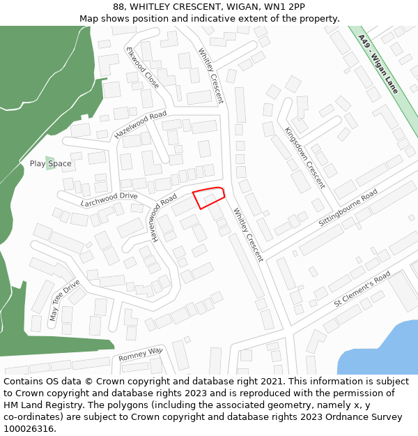 88, WHITLEY CRESCENT, WIGAN, WN1 2PP: Location map and indicative extent of plot