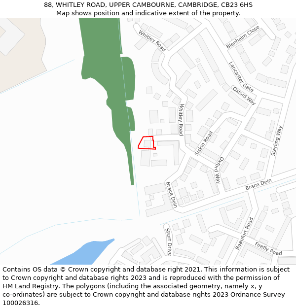 88, WHITLEY ROAD, UPPER CAMBOURNE, CAMBRIDGE, CB23 6HS: Location map and indicative extent of plot