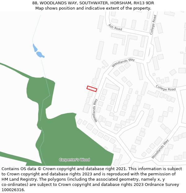 88, WOODLANDS WAY, SOUTHWATER, HORSHAM, RH13 9DR: Location map and indicative extent of plot