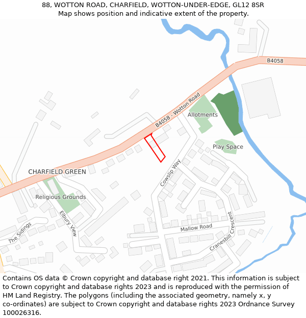 88, WOTTON ROAD, CHARFIELD, WOTTON-UNDER-EDGE, GL12 8SR: Location map and indicative extent of plot