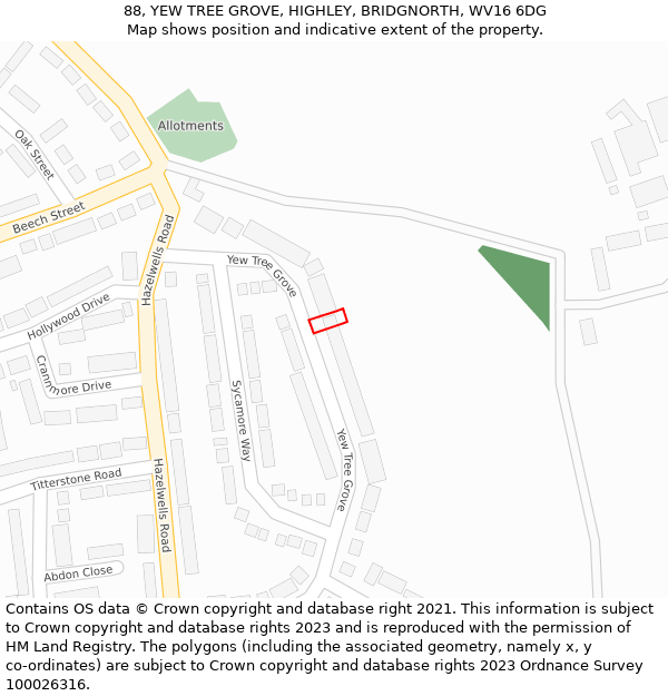 88, YEW TREE GROVE, HIGHLEY, BRIDGNORTH, WV16 6DG: Location map and indicative extent of plot