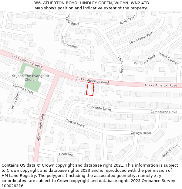 886, ATHERTON ROAD, HINDLEY GREEN, WIGAN, WN2 4TB: Location map and indicative extent of plot