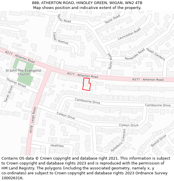 888, ATHERTON ROAD, HINDLEY GREEN, WIGAN, WN2 4TB: Location map and indicative extent of plot