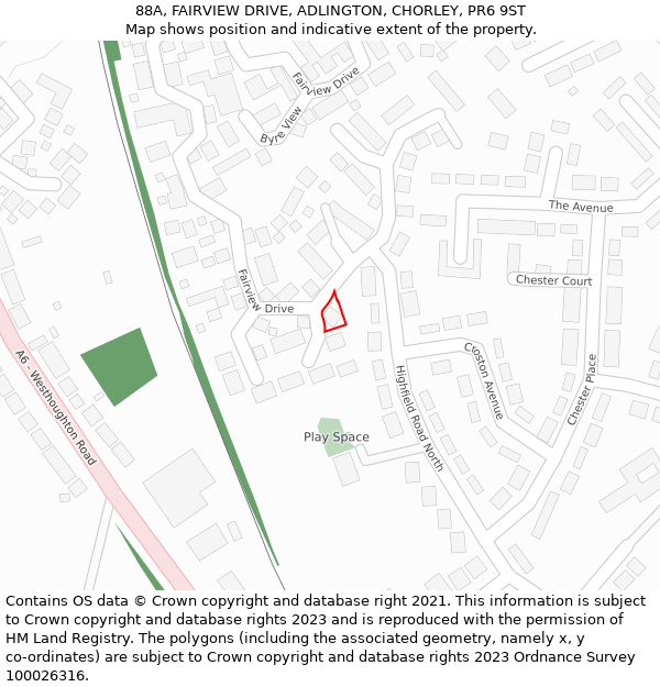 88A, FAIRVIEW DRIVE, ADLINGTON, CHORLEY, PR6 9ST: Location map and indicative extent of plot