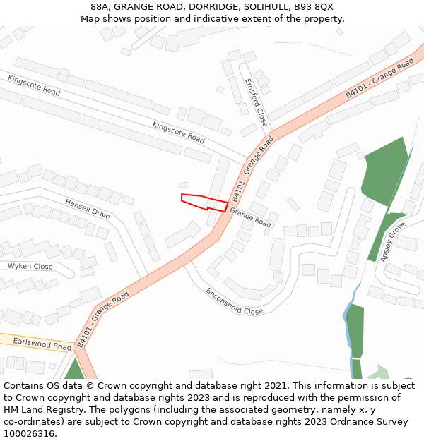 88A, GRANGE ROAD, DORRIDGE, SOLIHULL, B93 8QX: Location map and indicative extent of plot