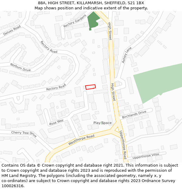 88A, HIGH STREET, KILLAMARSH, SHEFFIELD, S21 1BX: Location map and indicative extent of plot