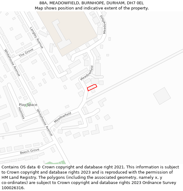 88A, MEADOWFIELD, BURNHOPE, DURHAM, DH7 0EL: Location map and indicative extent of plot