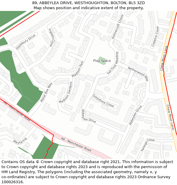 89, ABBEYLEA DRIVE, WESTHOUGHTON, BOLTON, BL5 3ZD: Location map and indicative extent of plot