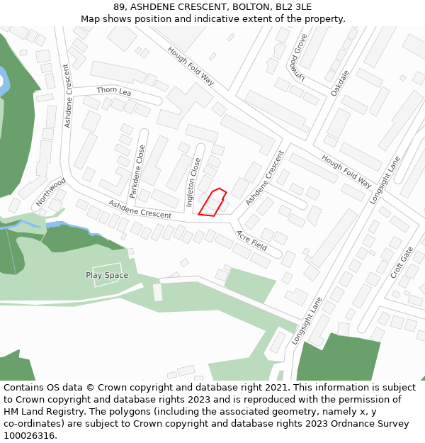 89, ASHDENE CRESCENT, BOLTON, BL2 3LE: Location map and indicative extent of plot