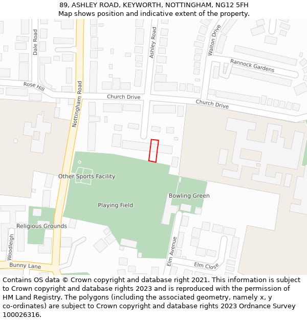 89, ASHLEY ROAD, KEYWORTH, NOTTINGHAM, NG12 5FH: Location map and indicative extent of plot