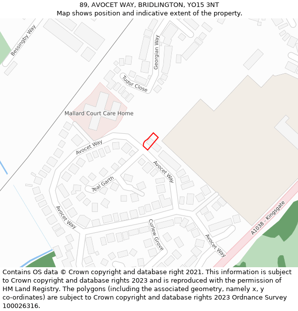 89, AVOCET WAY, BRIDLINGTON, YO15 3NT: Location map and indicative extent of plot