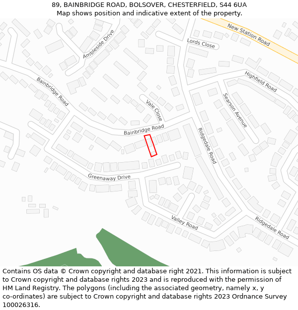 89, BAINBRIDGE ROAD, BOLSOVER, CHESTERFIELD, S44 6UA: Location map and indicative extent of plot