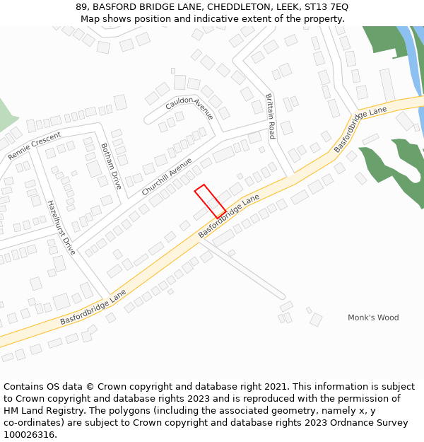 89, BASFORD BRIDGE LANE, CHEDDLETON, LEEK, ST13 7EQ: Location map and indicative extent of plot