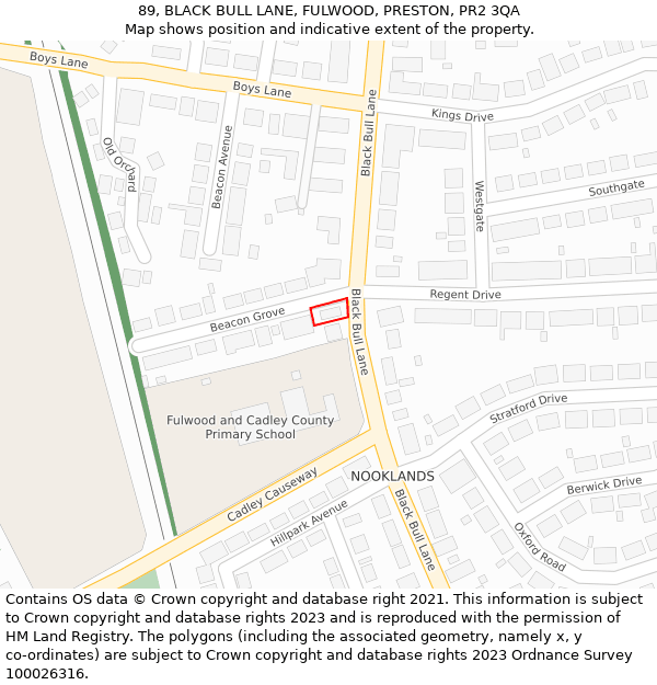 89, BLACK BULL LANE, FULWOOD, PRESTON, PR2 3QA: Location map and indicative extent of plot