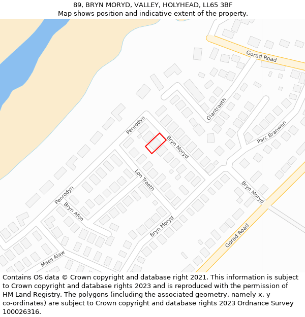 89, BRYN MORYD, VALLEY, HOLYHEAD, LL65 3BF: Location map and indicative extent of plot