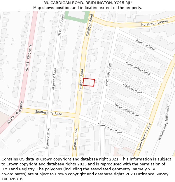 89, CARDIGAN ROAD, BRIDLINGTON, YO15 3JU: Location map and indicative extent of plot