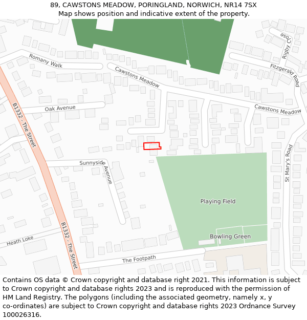 89, CAWSTONS MEADOW, PORINGLAND, NORWICH, NR14 7SX: Location map and indicative extent of plot