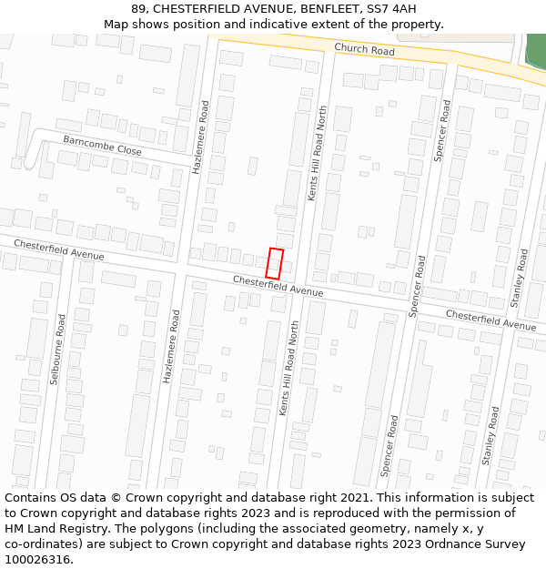 89, CHESTERFIELD AVENUE, BENFLEET, SS7 4AH: Location map and indicative extent of plot