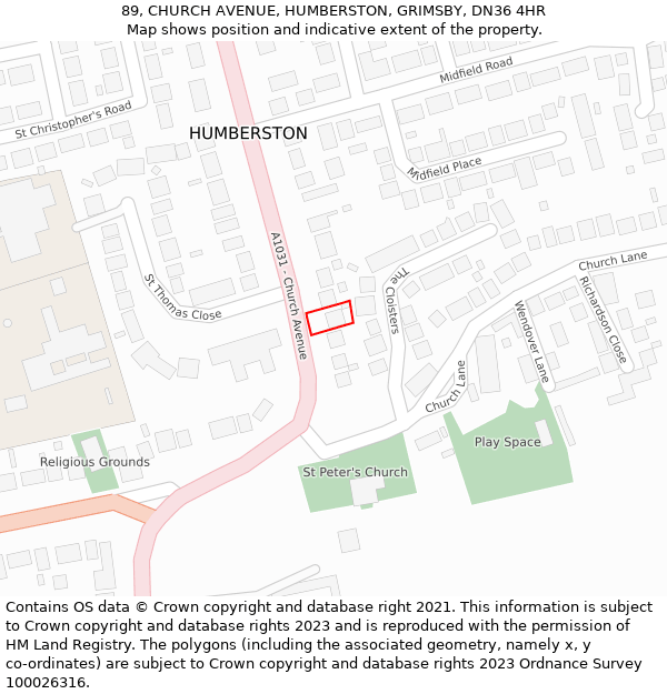 89, CHURCH AVENUE, HUMBERSTON, GRIMSBY, DN36 4HR: Location map and indicative extent of plot