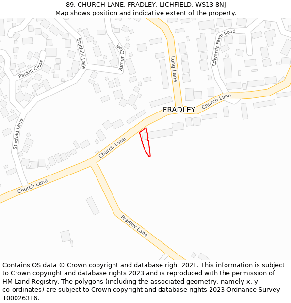 89, CHURCH LANE, FRADLEY, LICHFIELD, WS13 8NJ: Location map and indicative extent of plot