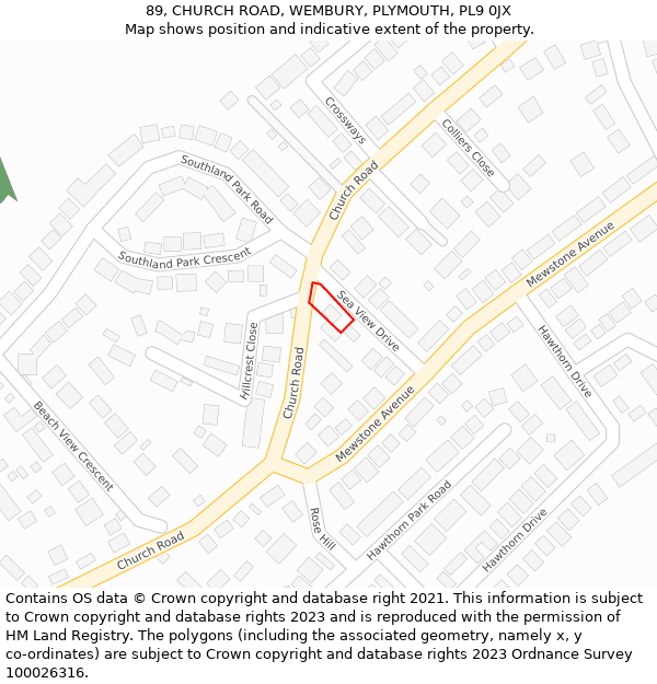 89, CHURCH ROAD, WEMBURY, PLYMOUTH, PL9 0JX: Location map and indicative extent of plot
