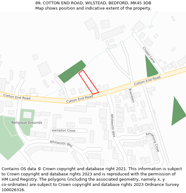 89, COTTON END ROAD, WILSTEAD, BEDFORD, MK45 3DB: Location map and indicative extent of plot