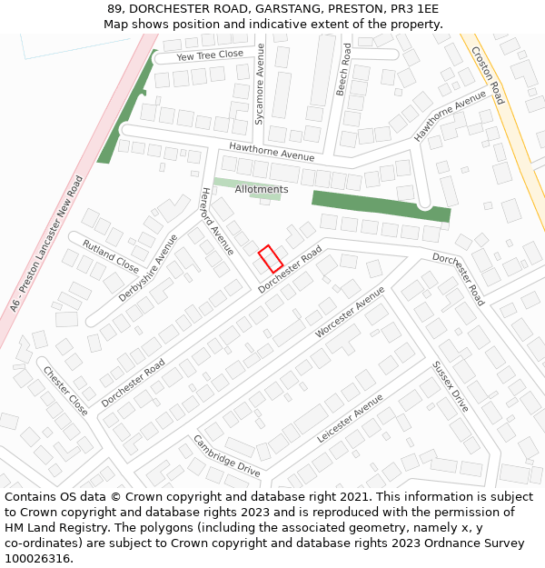 89, DORCHESTER ROAD, GARSTANG, PRESTON, PR3 1EE: Location map and indicative extent of plot
