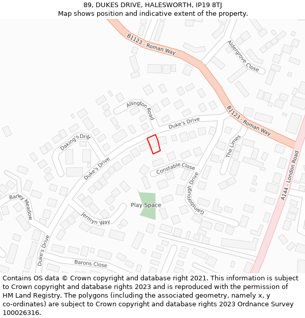 89, DUKES DRIVE, HALESWORTH, IP19 8TJ: Location map and indicative extent of plot