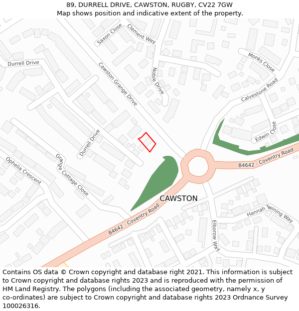 89, DURRELL DRIVE, CAWSTON, RUGBY, CV22 7GW: Location map and indicative extent of plot