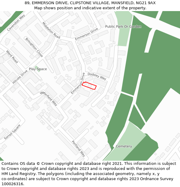 89, EMMERSON DRIVE, CLIPSTONE VILLAGE, MANSFIELD, NG21 9AX: Location map and indicative extent of plot
