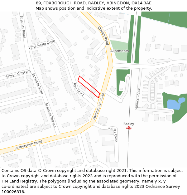 89, FOXBOROUGH ROAD, RADLEY, ABINGDON, OX14 3AE: Location map and indicative extent of plot