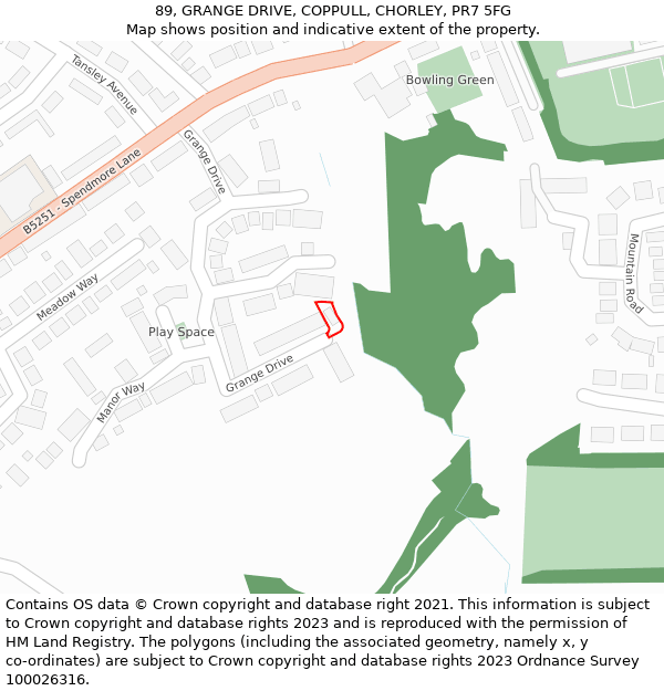 89, GRANGE DRIVE, COPPULL, CHORLEY, PR7 5FG: Location map and indicative extent of plot