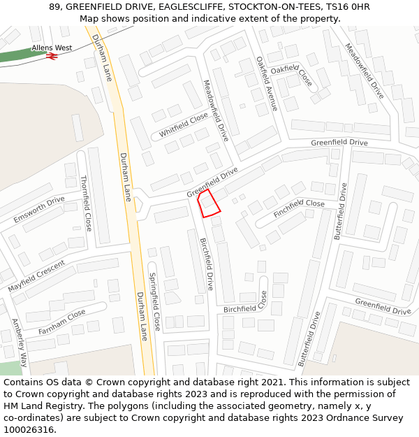 89, GREENFIELD DRIVE, EAGLESCLIFFE, STOCKTON-ON-TEES, TS16 0HR: Location map and indicative extent of plot