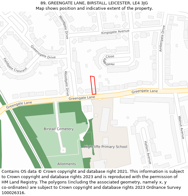 89, GREENGATE LANE, BIRSTALL, LEICESTER, LE4 3JG: Location map and indicative extent of plot