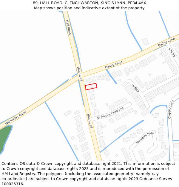 89, HALL ROAD, CLENCHWARTON, KING'S LYNN, PE34 4AX: Location map and indicative extent of plot