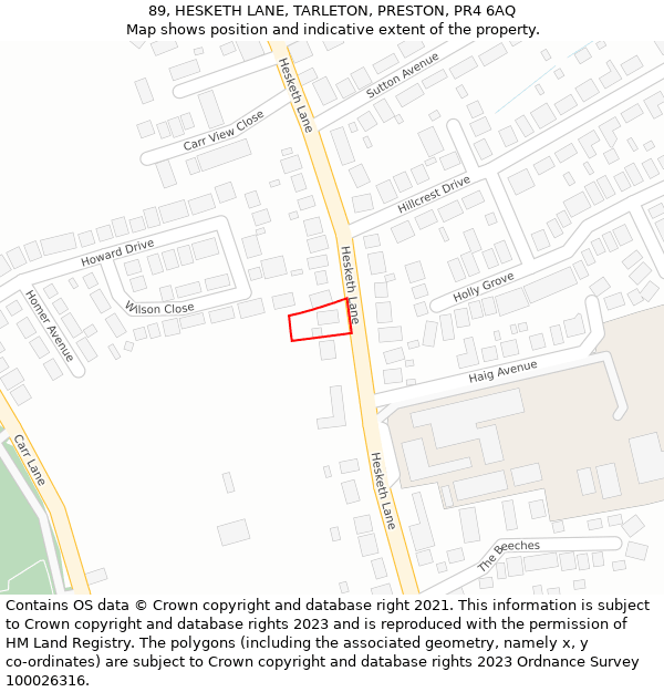 89, HESKETH LANE, TARLETON, PRESTON, PR4 6AQ: Location map and indicative extent of plot