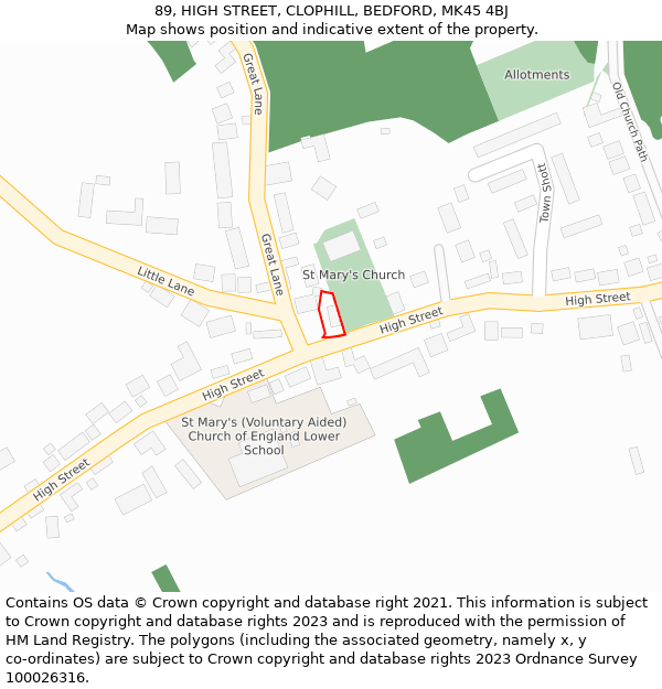 89, HIGH STREET, CLOPHILL, BEDFORD, MK45 4BJ: Location map and indicative extent of plot