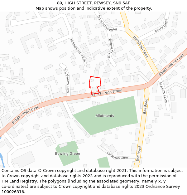 89, HIGH STREET, PEWSEY, SN9 5AF: Location map and indicative extent of plot