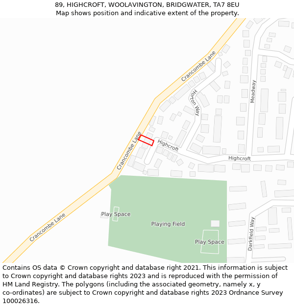 89, HIGHCROFT, WOOLAVINGTON, BRIDGWATER, TA7 8EU: Location map and indicative extent of plot