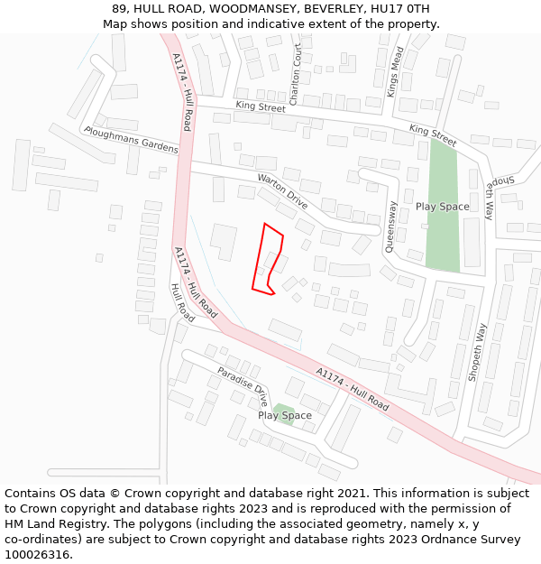 89, HULL ROAD, WOODMANSEY, BEVERLEY, HU17 0TH: Location map and indicative extent of plot