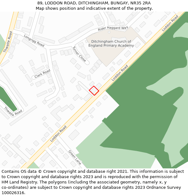 89, LODDON ROAD, DITCHINGHAM, BUNGAY, NR35 2RA: Location map and indicative extent of plot