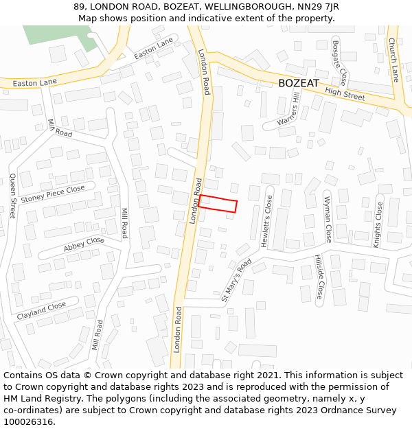 89, LONDON ROAD, BOZEAT, WELLINGBOROUGH, NN29 7JR: Location map and indicative extent of plot