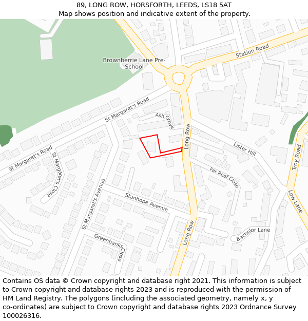 89, LONG ROW, HORSFORTH, LEEDS, LS18 5AT: Location map and indicative extent of plot
