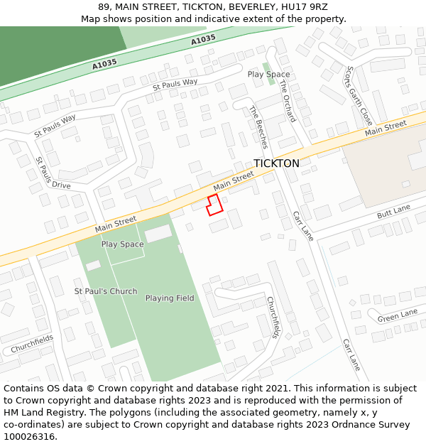 89, MAIN STREET, TICKTON, BEVERLEY, HU17 9RZ: Location map and indicative extent of plot