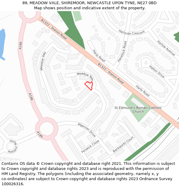 89, MEADOW VALE, SHIREMOOR, NEWCASTLE UPON TYNE, NE27 0BD: Location map and indicative extent of plot