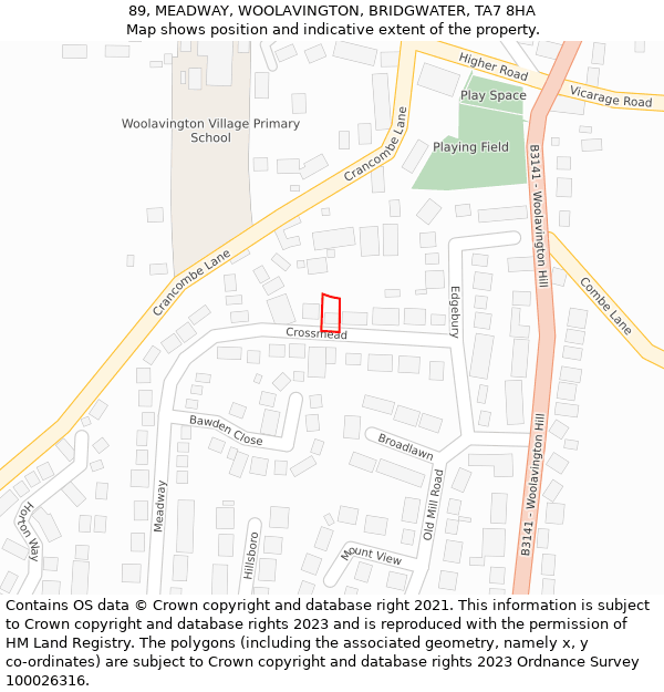 89, MEADWAY, WOOLAVINGTON, BRIDGWATER, TA7 8HA: Location map and indicative extent of plot