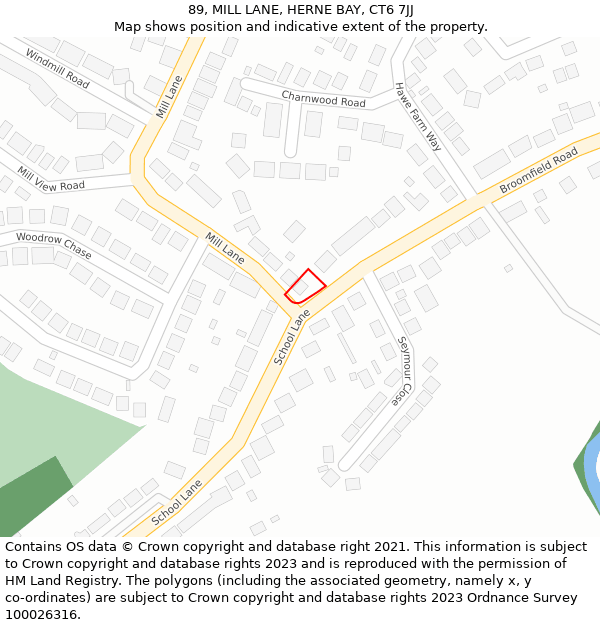 89, MILL LANE, HERNE BAY, CT6 7JJ: Location map and indicative extent of plot