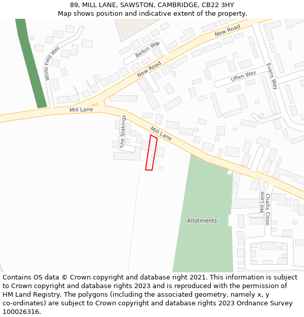 89, MILL LANE, SAWSTON, CAMBRIDGE, CB22 3HY: Location map and indicative extent of plot
