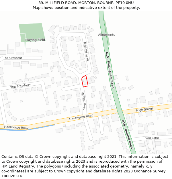 89, MILLFIELD ROAD, MORTON, BOURNE, PE10 0NU: Location map and indicative extent of plot
