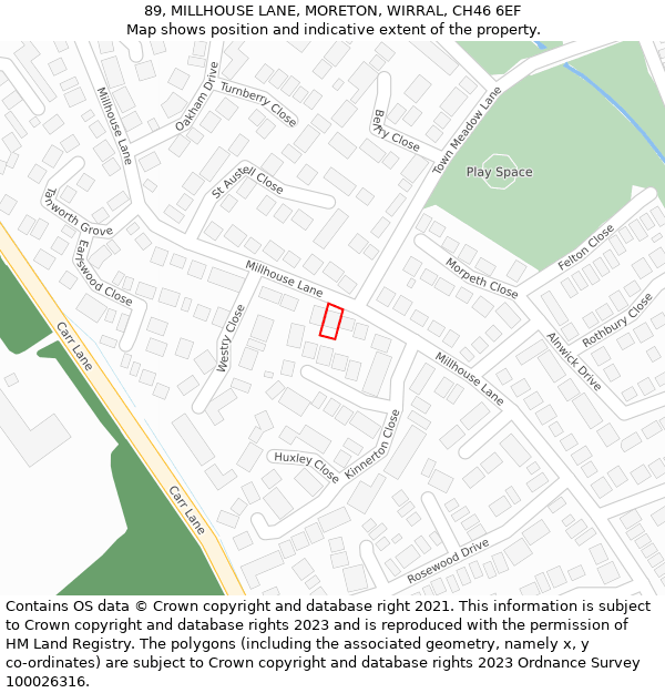 89, MILLHOUSE LANE, MORETON, WIRRAL, CH46 6EF: Location map and indicative extent of plot